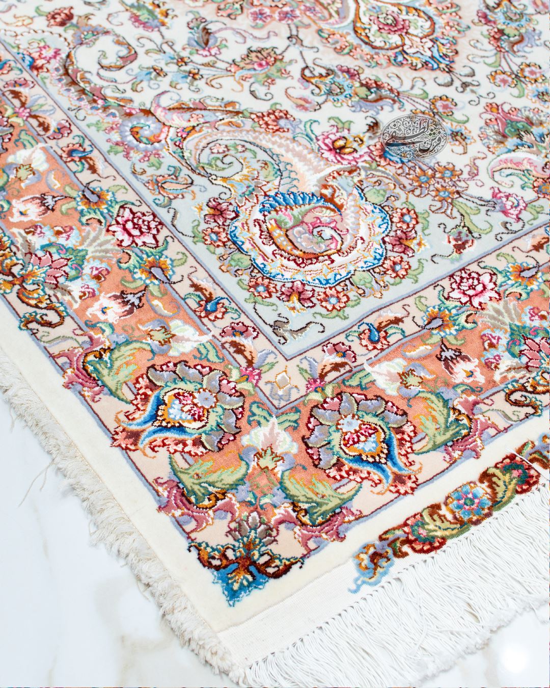 جفت قالیچه 3 متری ابریشم طبیعی | طرح خطیبی، 40 رج - Image 5