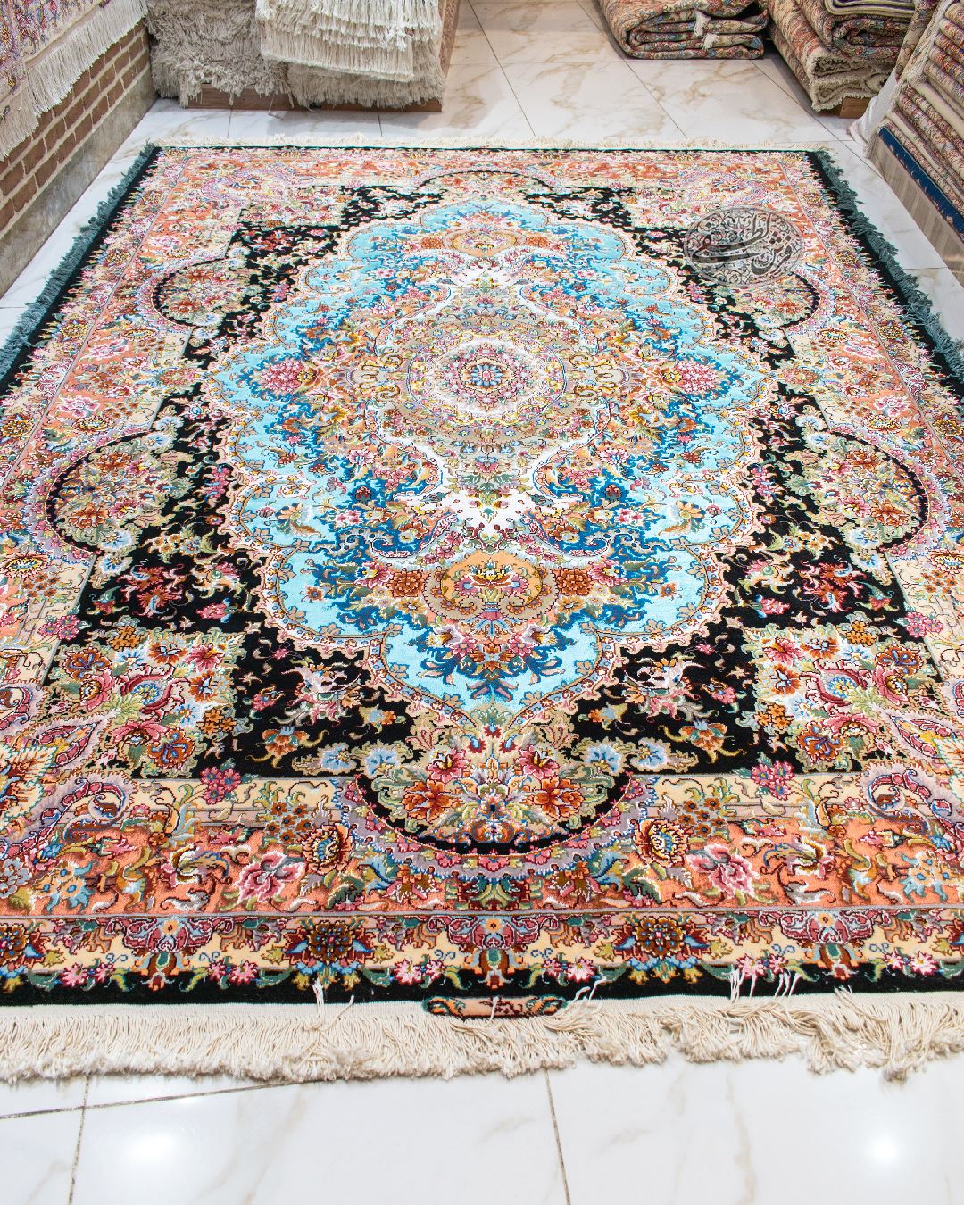 فرش جفت ۹ متری طرح خطیبی | 30 رج|ابی فیروزه ای